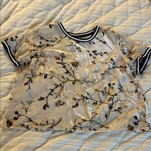 Floral Embroidered Sheer and Faux-Crushed Velvet Top Sz XL